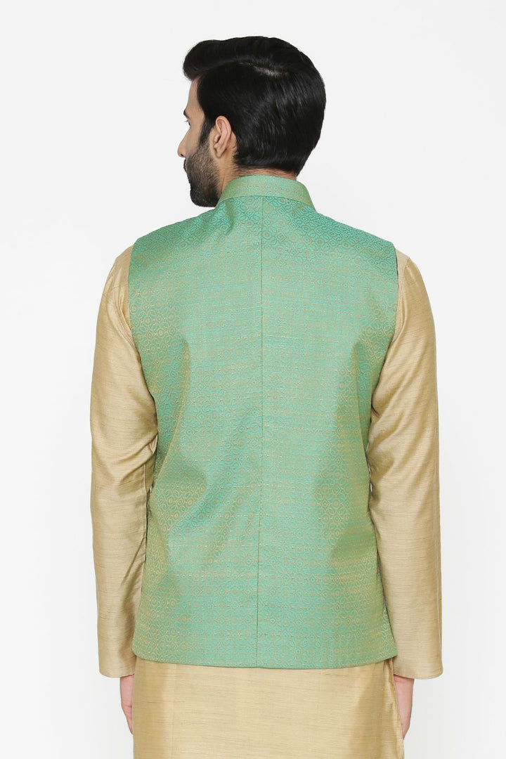 Banarasi Art Silk Cotton Blend Green Nehru Jacket