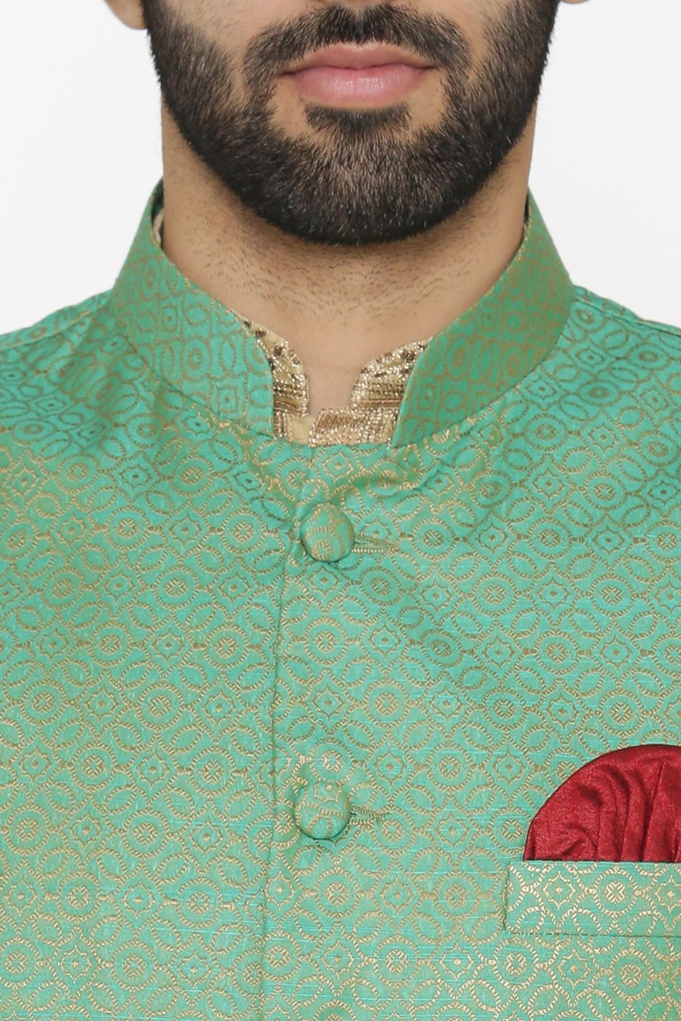 Banarasi Art Silk Cotton Blend Green Nehru Jacket