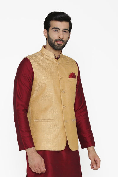 Banarasi Art Silk Cotton Blend Gold Nehru Jacket