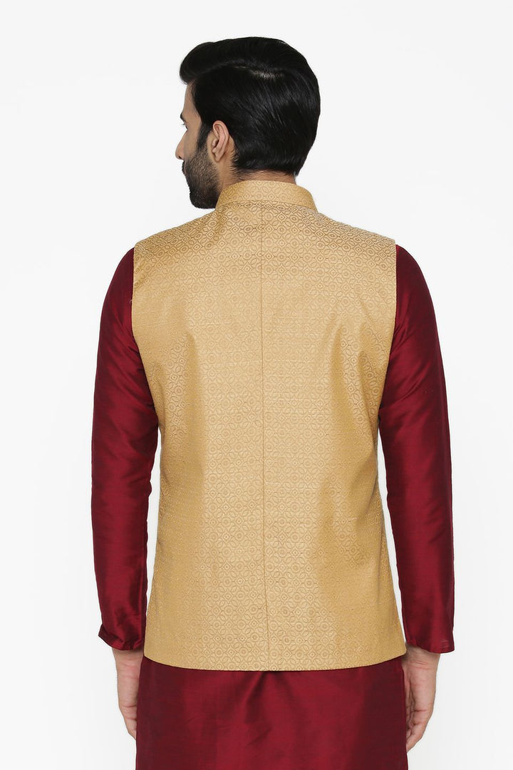 Banarasi Art Silk Cotton Blend Gold Nehru Jacket