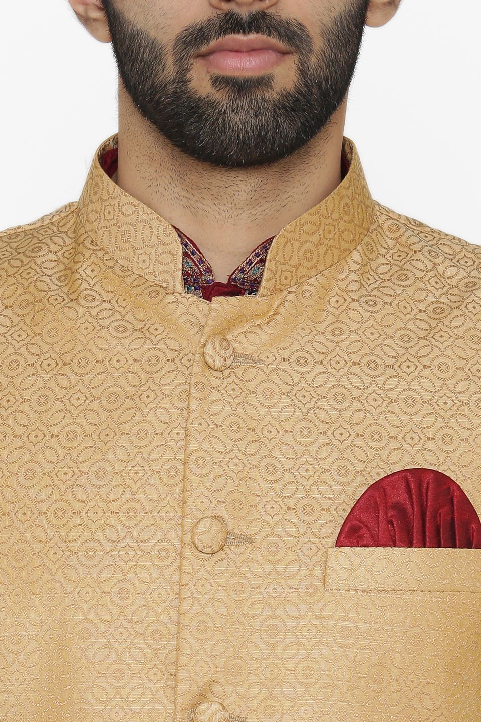 Banarasi Art Silk Cotton Blend Gold Nehru Jacket
