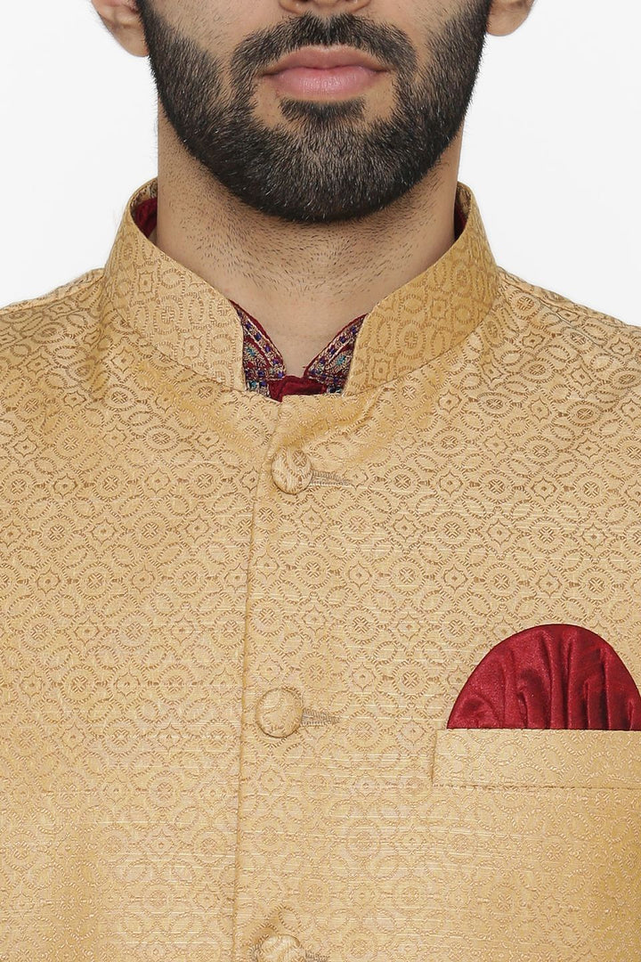 Banarasi Art Silk Cotton Blend Gold Nehru Jacket