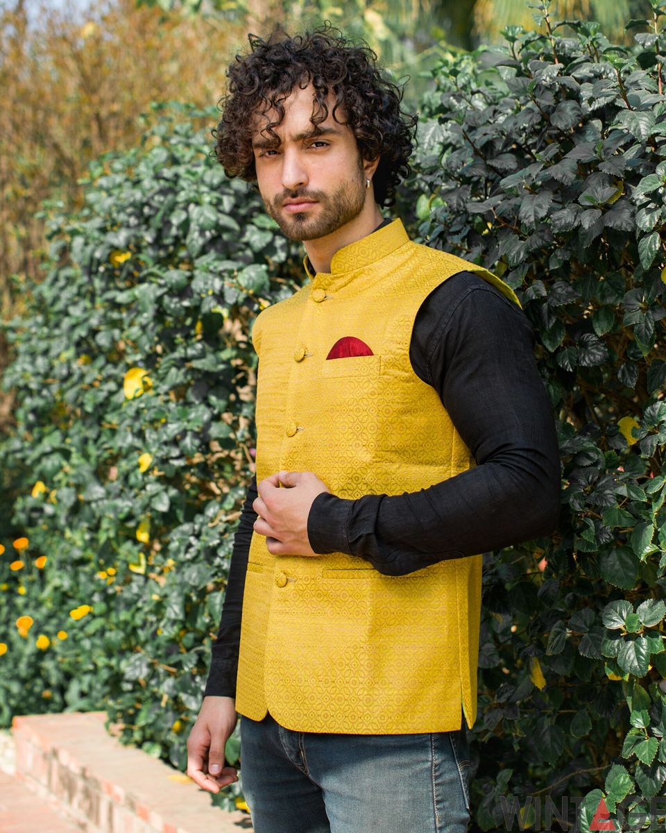 Banarasi Art Silk Cotton Blend Yellow Modi Nehru Jacket