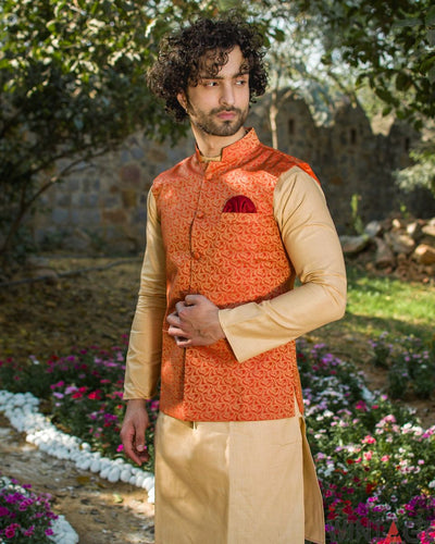 Banarasi Art Silk Cotton Blend Red Modi Nehru Jacket