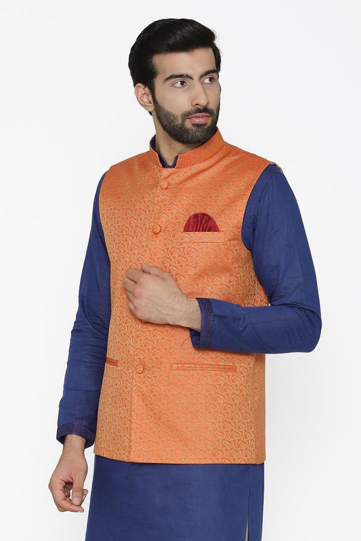 Banarasi Art Silk Cotton Blend Orange Nehru Jacket
