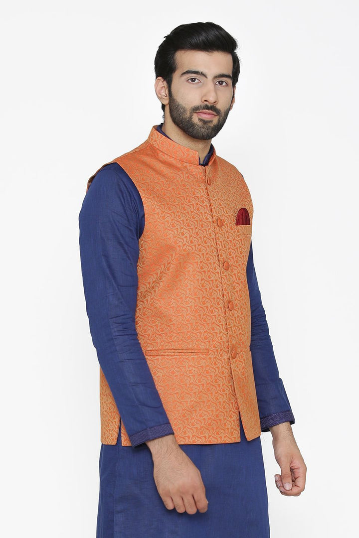 Banarasi Art Silk Cotton Blend Orange Nehru Jacket