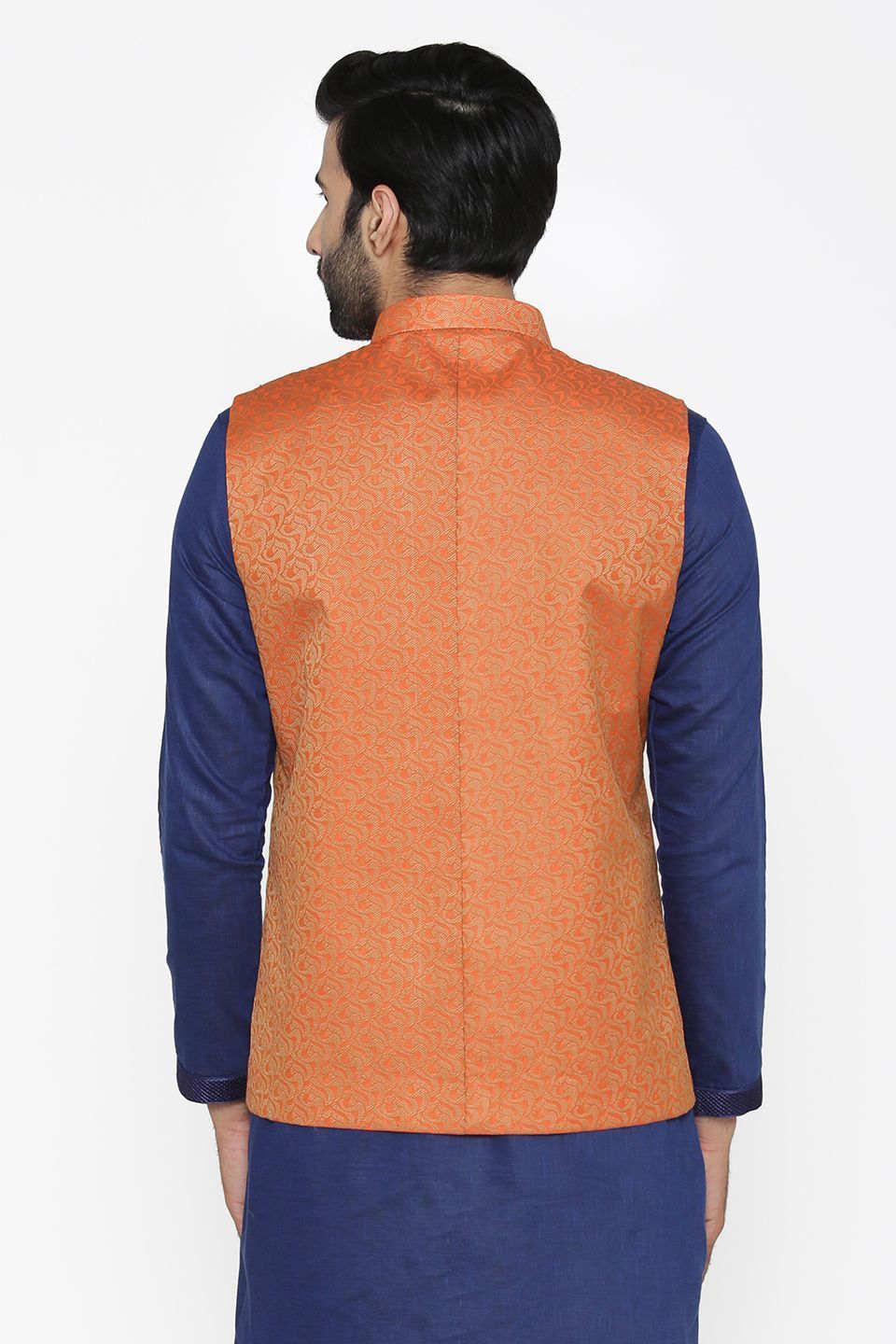 Banarasi Art Silk Cotton Blend Orange Nehru Jacket