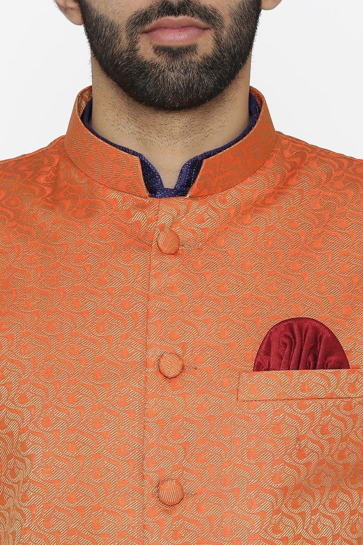 Banarasi Art Silk Cotton Blend Orange Nehru Jacket
