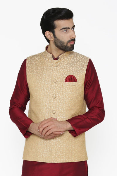 Banarasi Art Silk Cotton Blend White Nehru Jacket