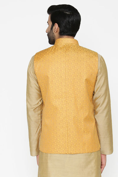 Banarasi Art Silk Cotton Blend Yellow Nehru Jacket