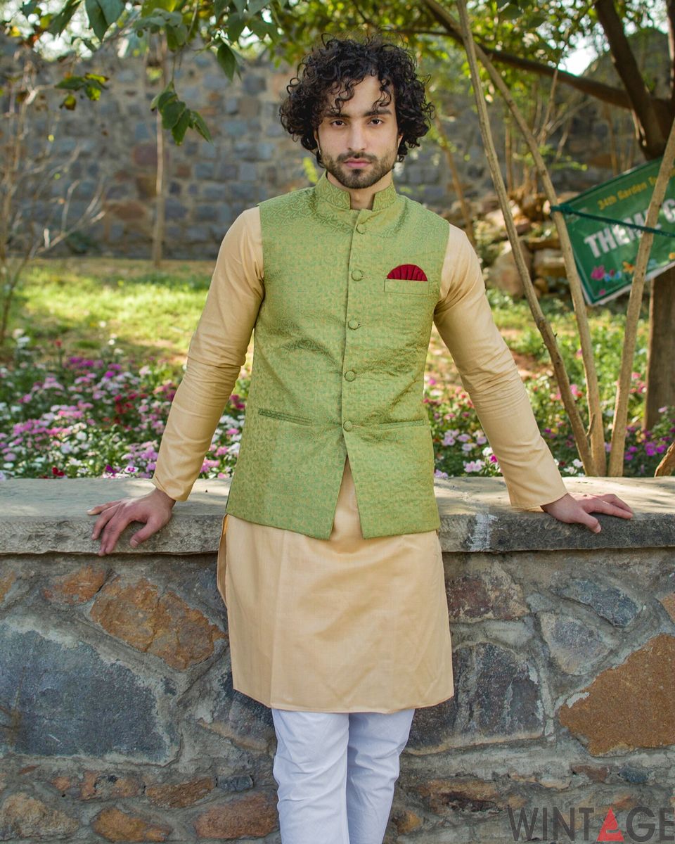 Banarasi Art Silk Cotton Blend Green Modi Nehru Jacket