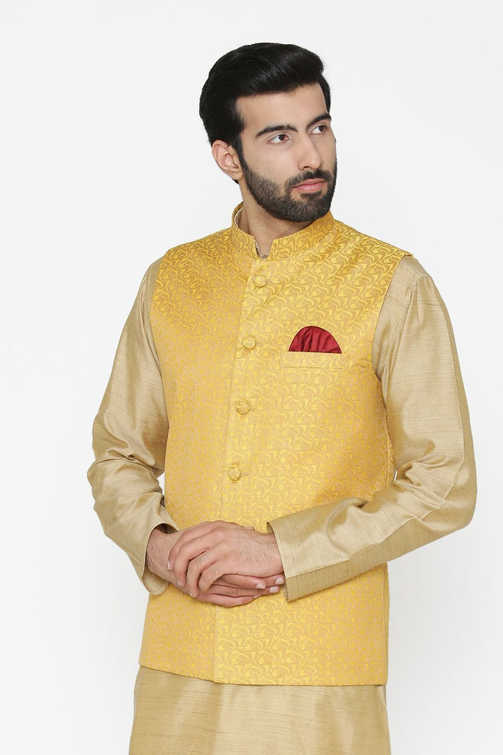 Banarasi Art Silk Cotton Blend Yellow Nehru Jacket