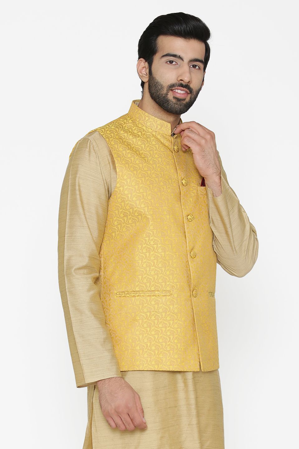 Banarasi Art Silk Cotton Blend Yellow Nehru Jacket