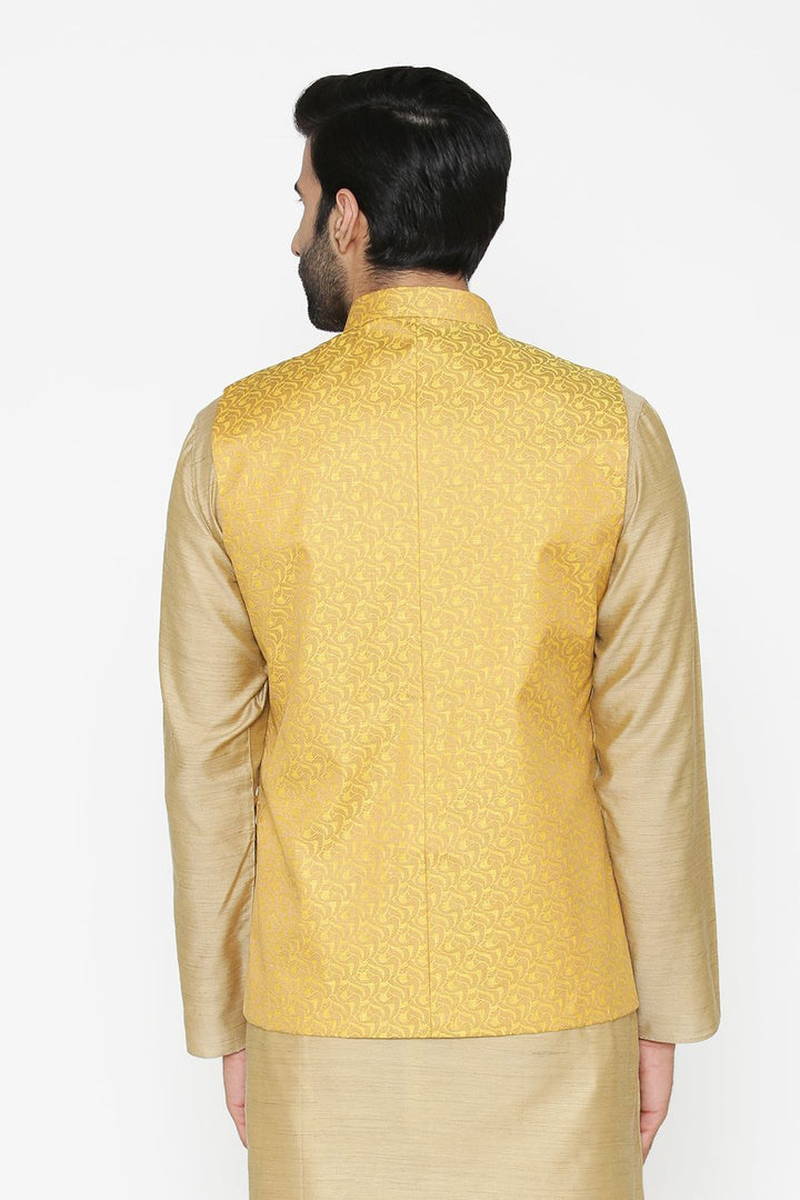 Banarasi Art Silk Cotton Blend Yellow Nehru Jacket