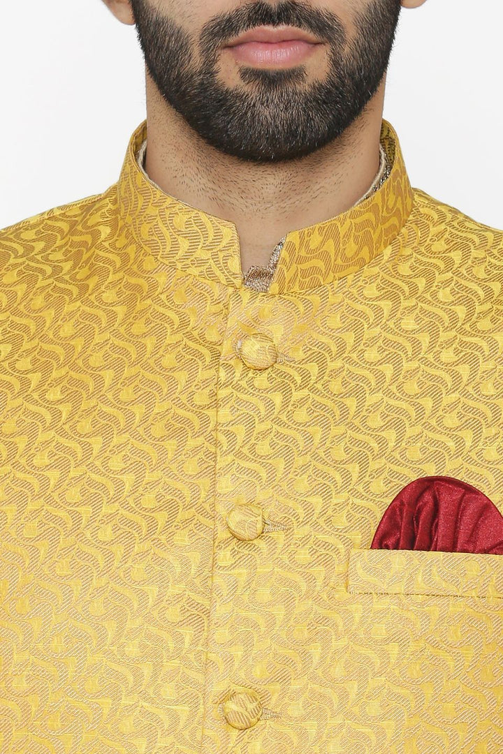 Banarasi Art Silk Cotton Blend Yellow Nehru Jacket