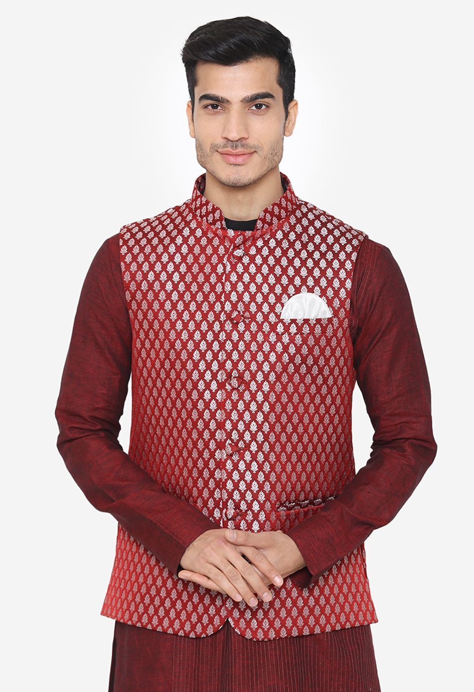 Banarsi Rayon Cotton Red Nehru Modi Jacket