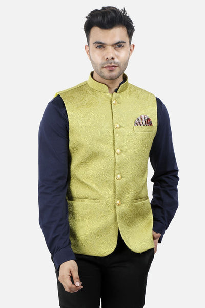 Jacquard Fabric Yellow Nehru Modi Jacket