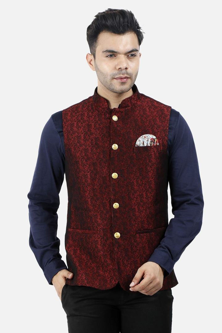 Jacquard Fabric Maroon Nehru Modi Jacket