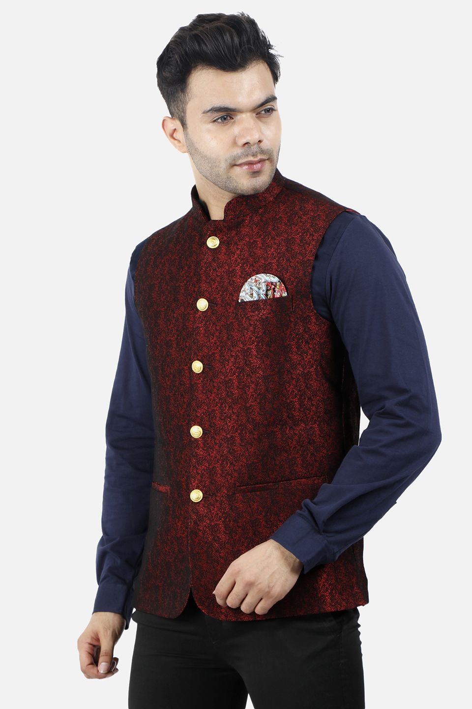 Jacquard Fabric Maroon Nehru Modi Jacket