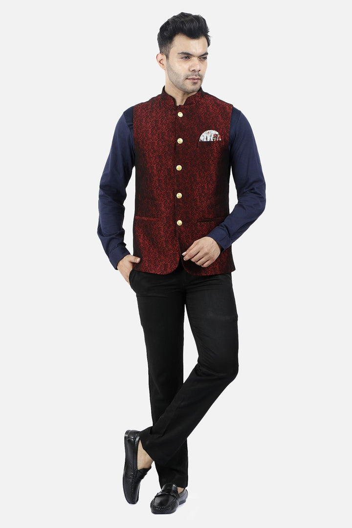 Jacquard Fabric Maroon Nehru Modi Jacket