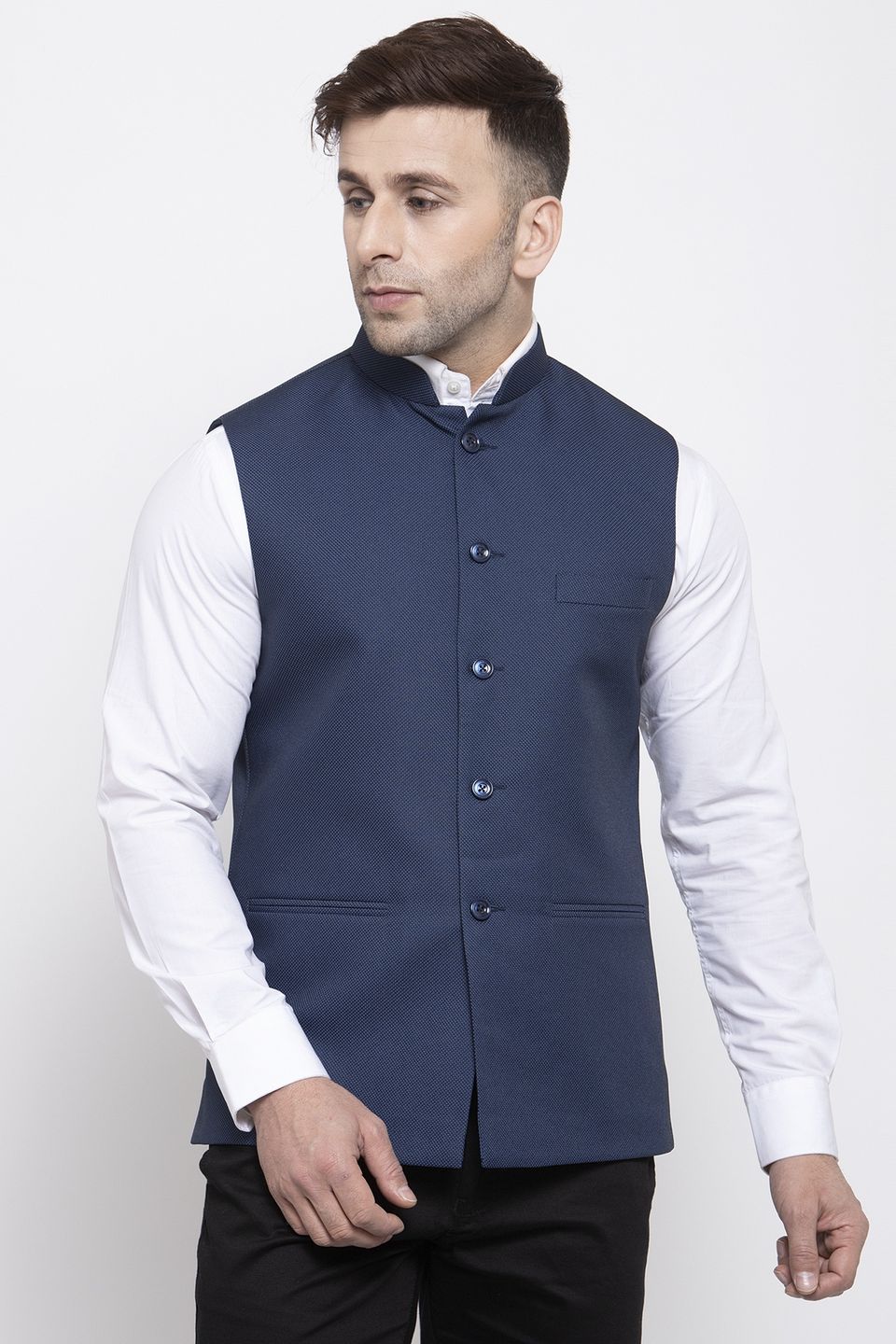 WINTAGE Men's Poly Cotton Festive and Casual Nehru Jacket Vest Waistcoat : Blue