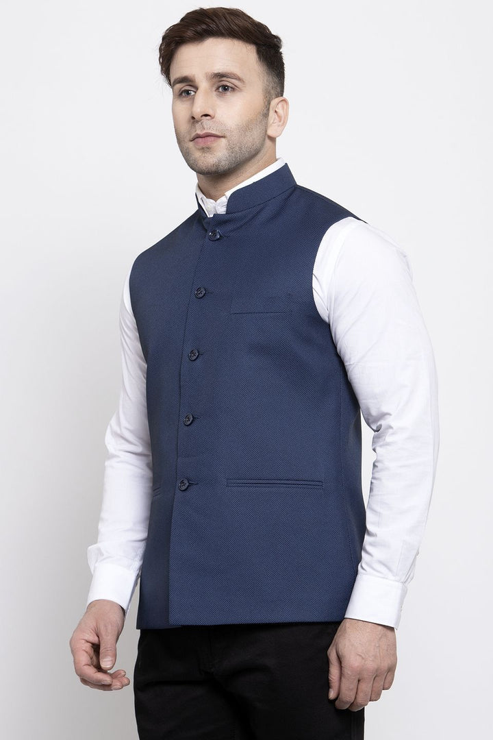 WINTAGE Men's Poly Cotton Festive and Casual Nehru Jacket Vest Waistcoat : Blue