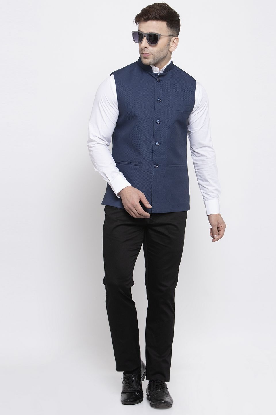 WINTAGE Men's Poly Cotton Festive and Casual Nehru Jacket Vest Waistcoat : Blue