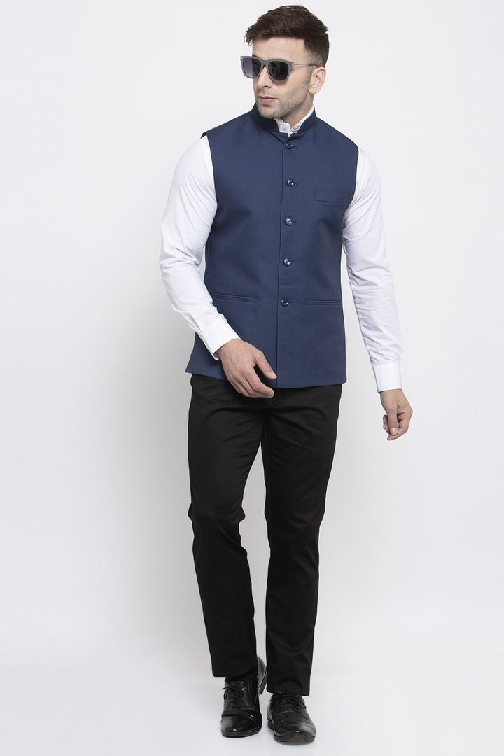 WINTAGE Men's Poly Cotton Festive and Casual Nehru Jacket Vest Waistcoat : Blue