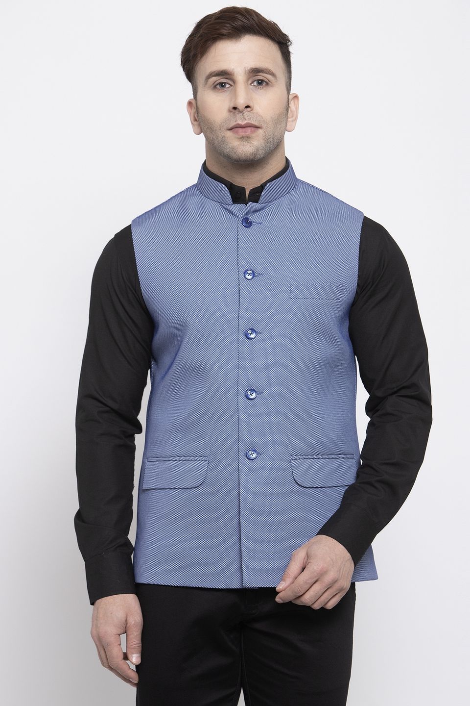 WINTAGE Men's Poly Cotton Festive and Casual Nehru Jacket Vest Waistcoat : Blue