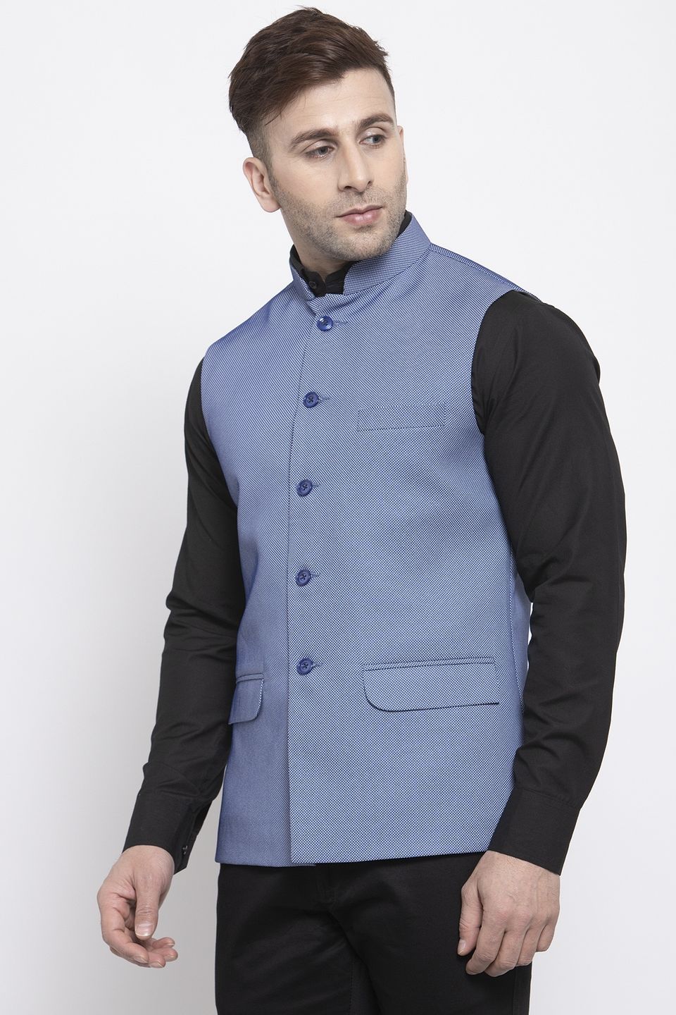 WINTAGE Men's Poly Cotton Festive and Casual Nehru Jacket Vest Waistcoat : Blue
