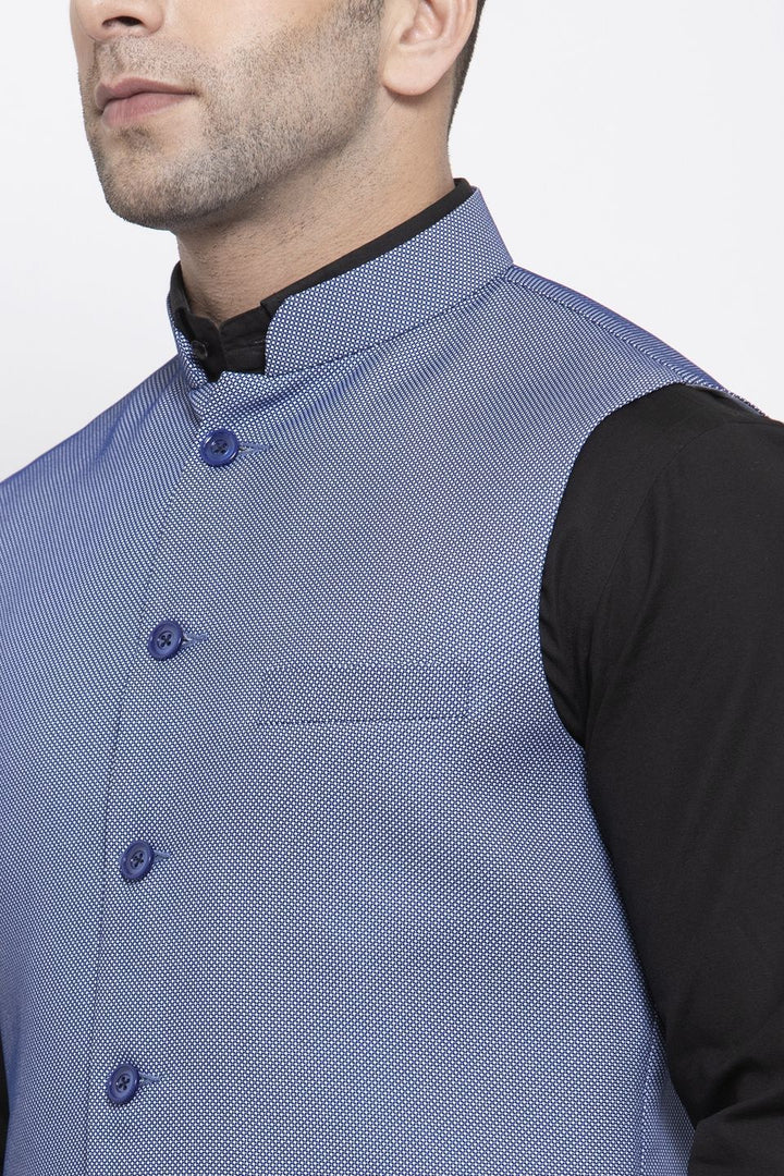 WINTAGE Men's Poly Cotton Festive and Casual Nehru Jacket Vest Waistcoat : Blue