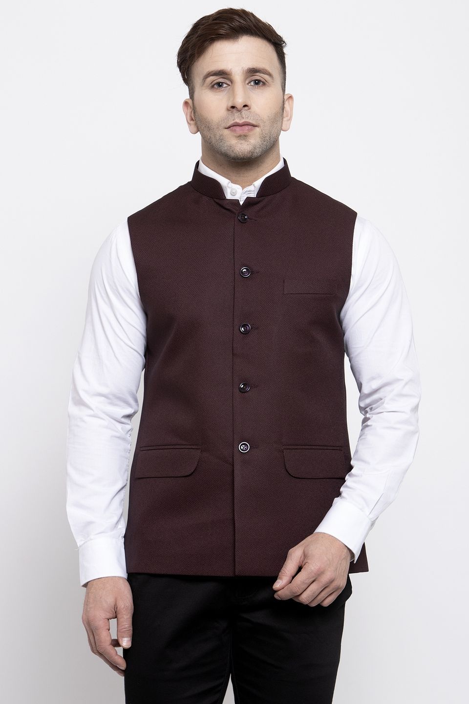 WINTAGE Men's Poly Cotton Festive and Casual Nehru Jacket Vest Waistcoat : Dark Brown