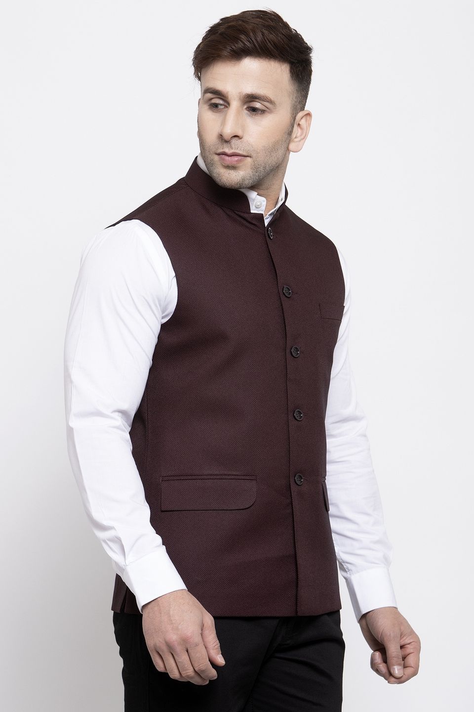 WINTAGE Men's Poly Cotton Festive and Casual Nehru Jacket Vest Waistcoat : Dark Brown