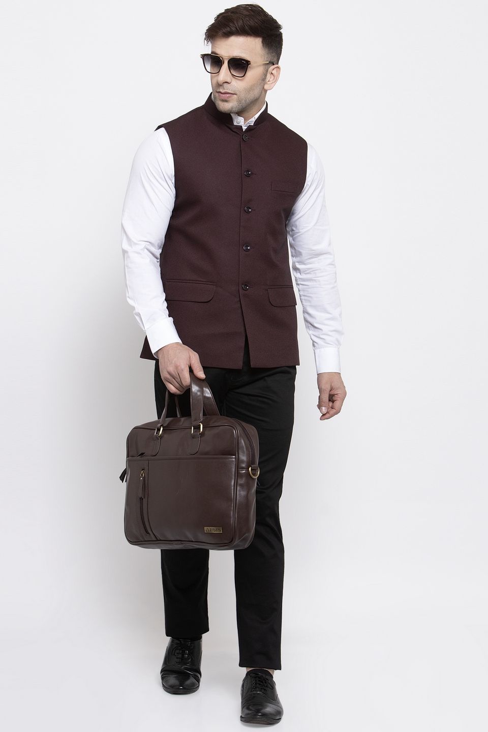 WINTAGE Men's Poly Cotton Festive and Casual Nehru Jacket Vest Waistcoat : Dark Brown