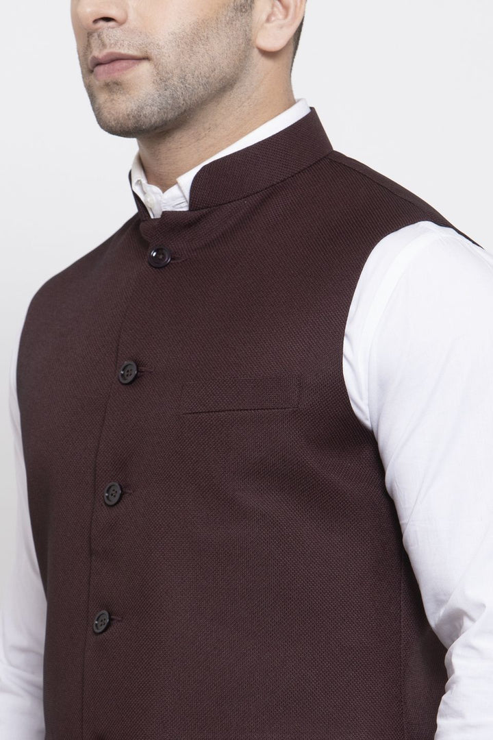 WINTAGE Men's Poly Cotton Festive and Casual Nehru Jacket Vest Waistcoat : Dark Brown