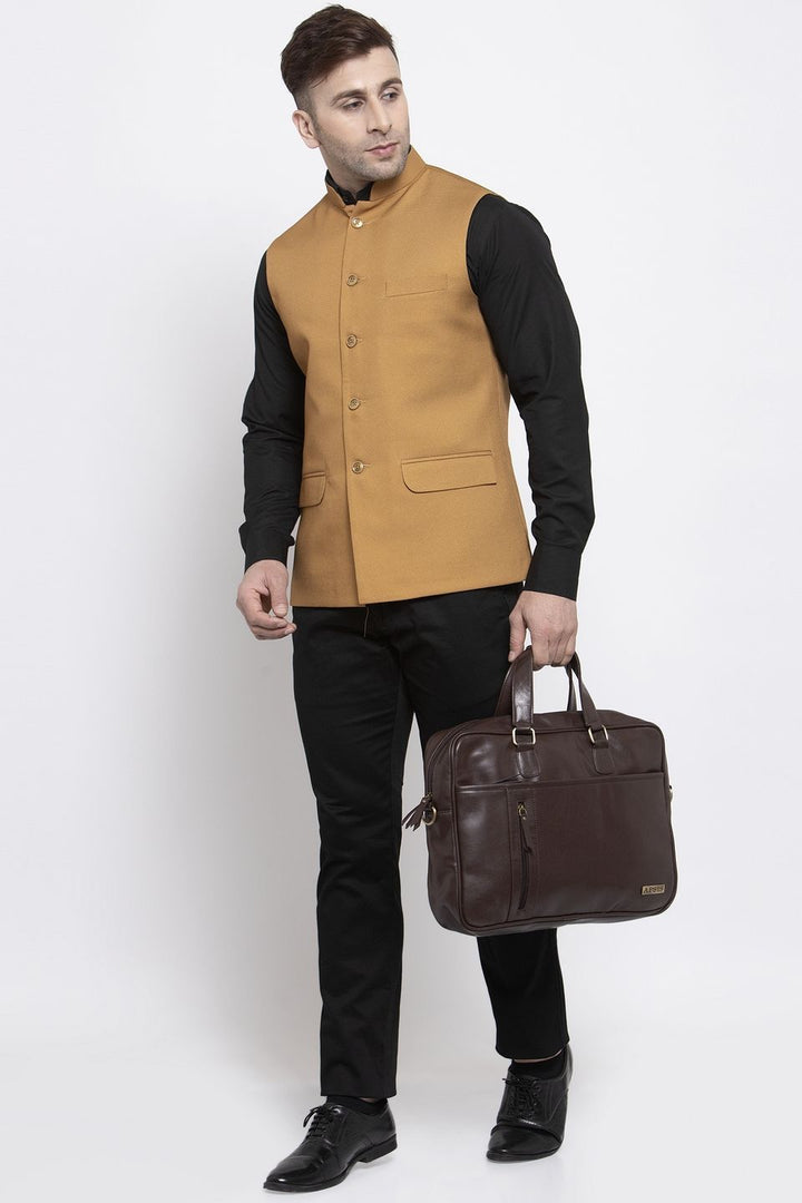 WINTAGE Men's Poly Cotton Festive and Casual Nehru Jacket Vest Waistcoat : Brown
