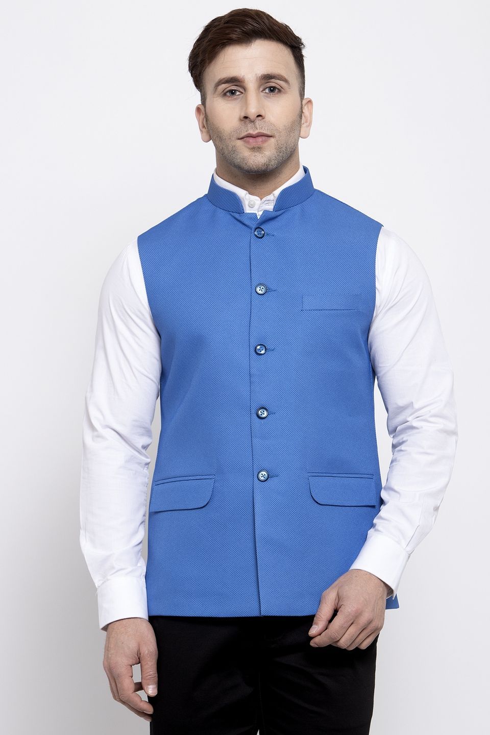 WINTAGE Men's Poly Cotton Festive and Casual Nehru Jacket Vest Waistcoat : Blue