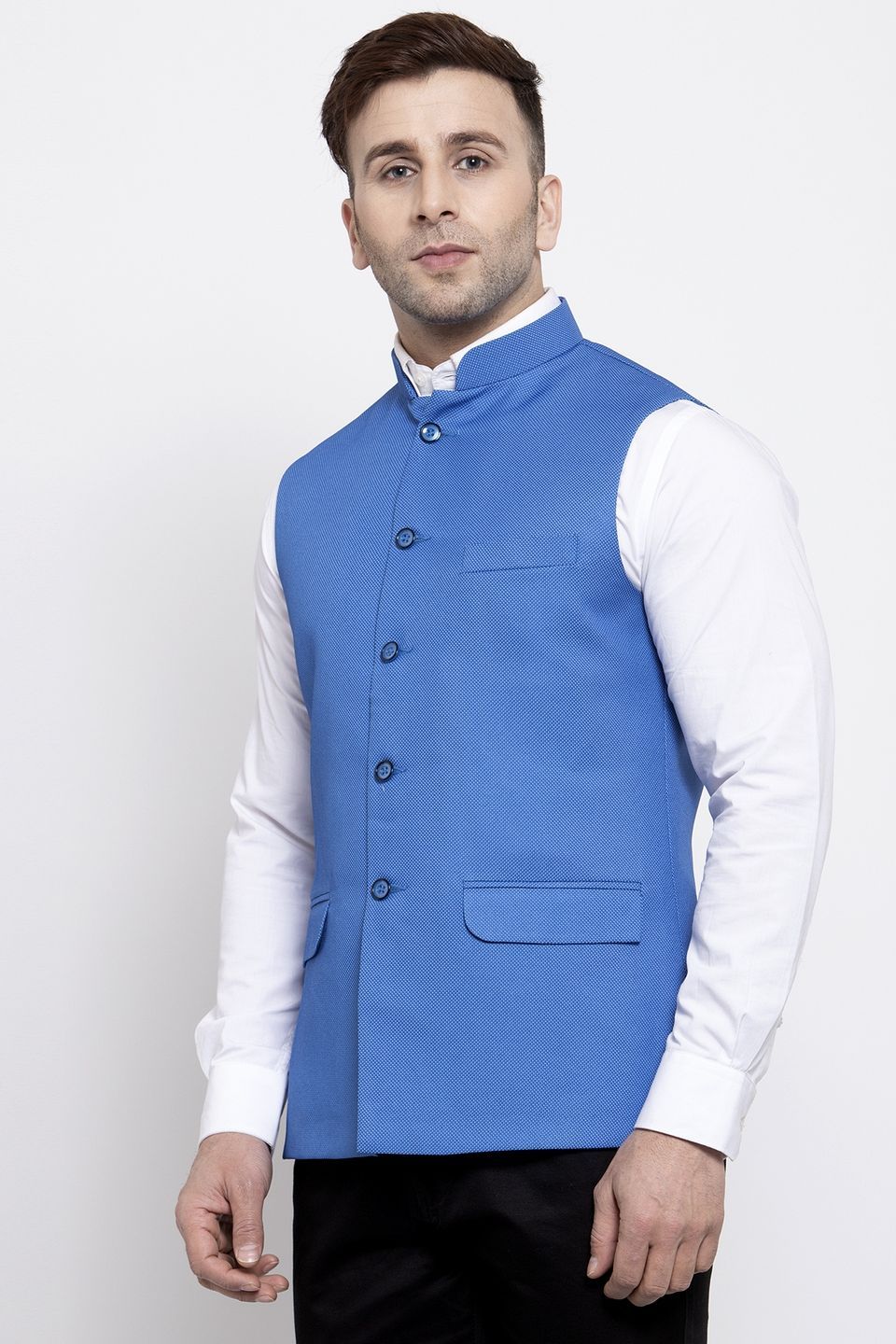 WINTAGE Men's Poly Cotton Festive and Casual Nehru Jacket Vest Waistcoat : Blue