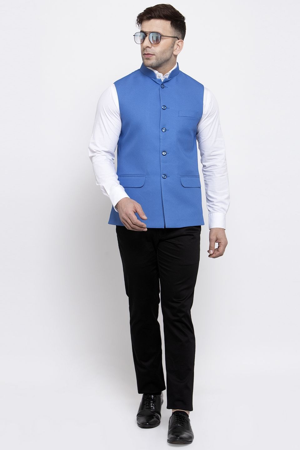 WINTAGE Men's Poly Cotton Festive and Casual Nehru Jacket Vest Waistcoat : Blue