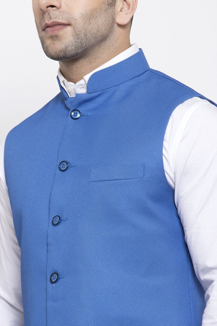 WINTAGE Men's Poly Cotton Festive and Casual Nehru Jacket Vest Waistcoat : Blue
