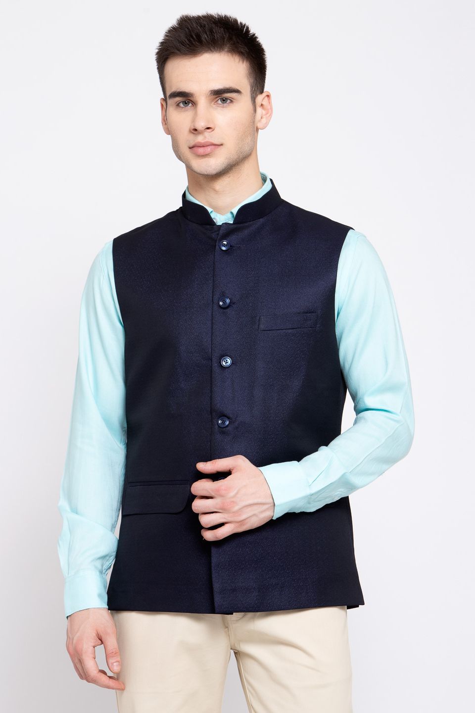 Wintage Men's Poly Blend Formal and Evening Nehru Jacket Vest Waistcoat : Navy Blue
