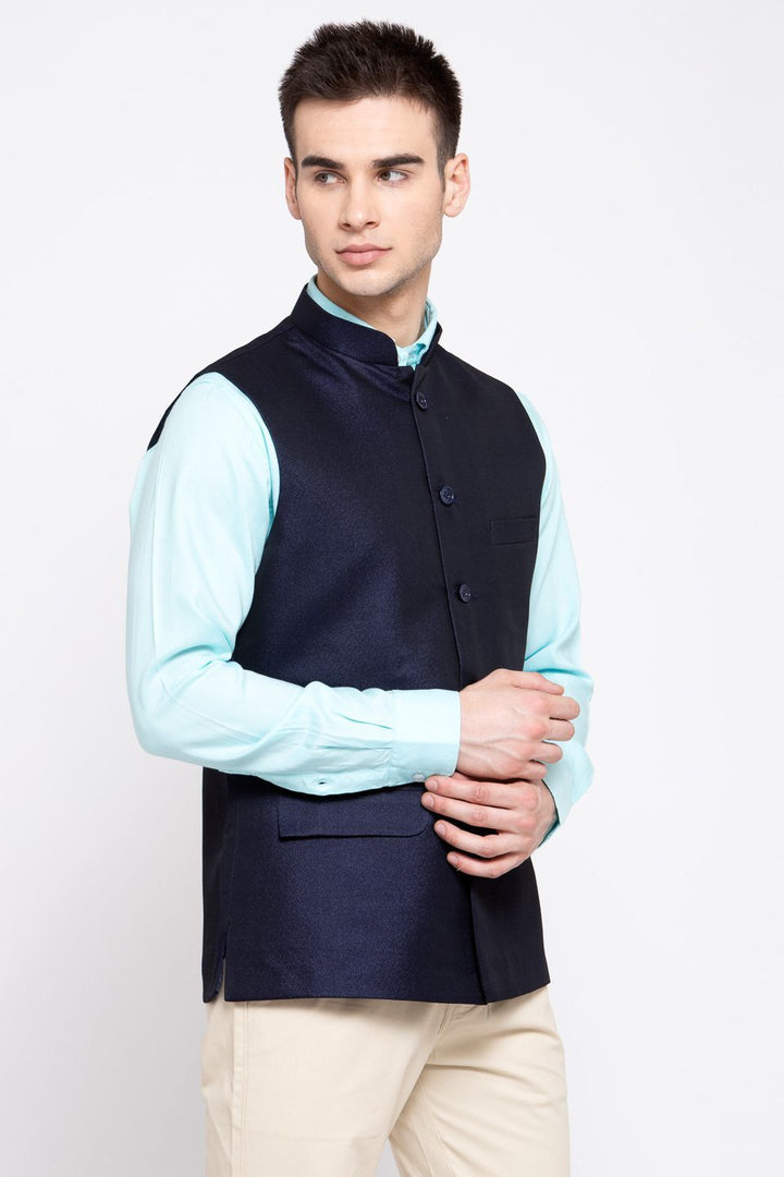 Wintage Men's Poly Blend Formal and Evening Nehru Jacket Vest Waistcoat : Navy Blue