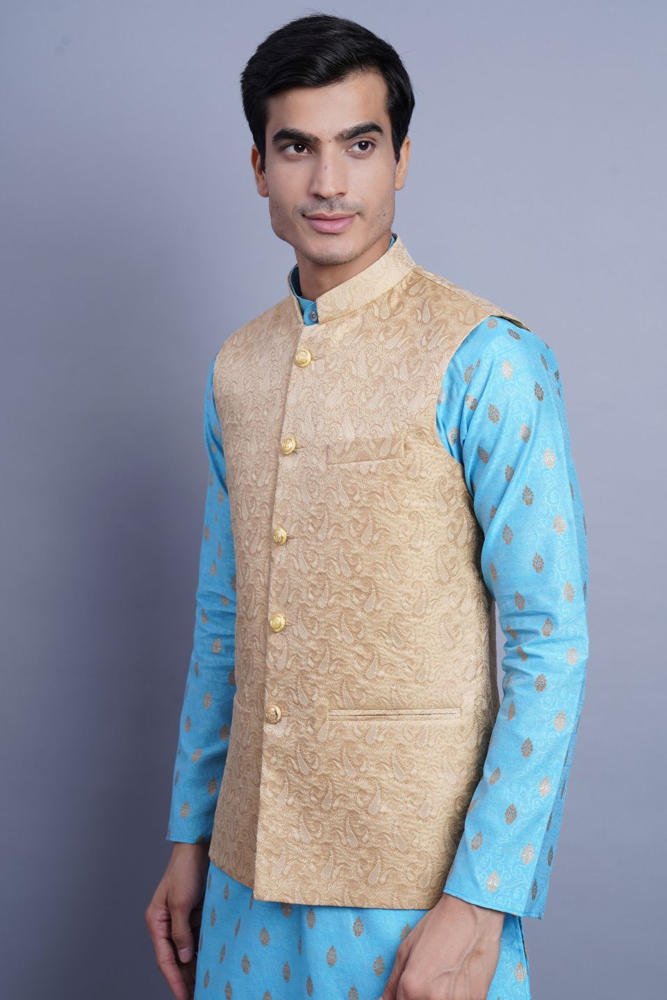 WINTAGE Men's Banarasi Rayon Cotton Bandhgala Festive Nehru Modi Jacket Waistcoat : Beige