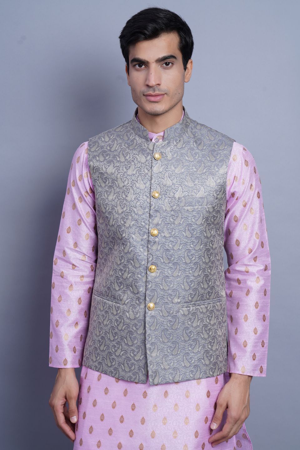 WINTAGE Men's Banarasi Rayon Cotton Bandhgala Festive Nehru Modi Jacket Waistcoat : Grey