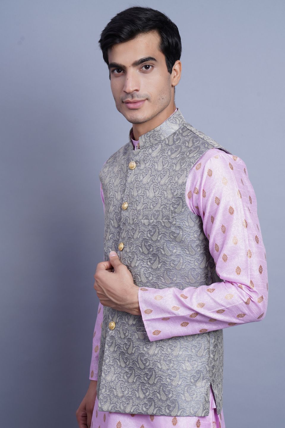 WINTAGE Men's Banarasi Rayon Cotton Bandhgala Festive Nehru Modi Jacket Waistcoat : Grey