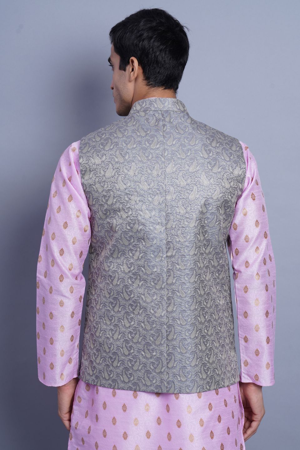 WINTAGE Men's Banarasi Rayon Cotton Bandhgala Festive Nehru Modi Jacket Waistcoat : Grey