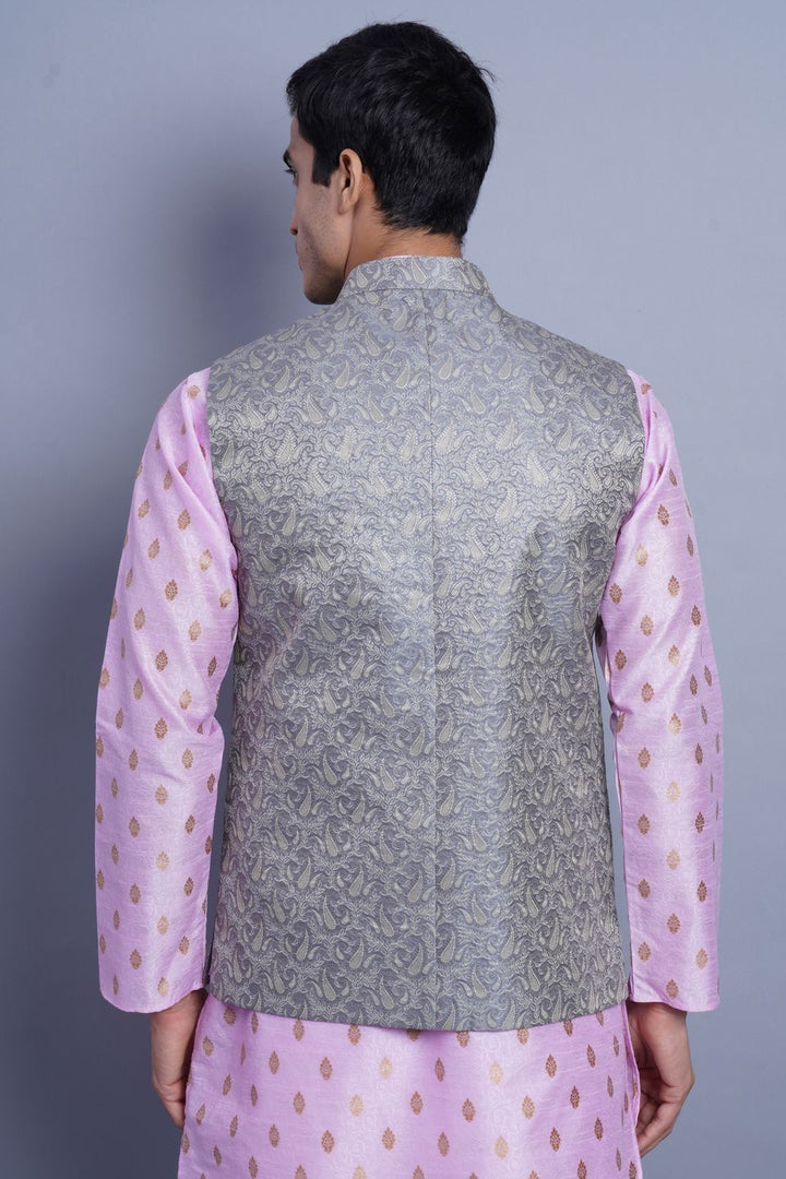 WINTAGE Men's Banarasi Rayon Cotton Bandhgala Festive Nehru Modi Jacket Waistcoat : Grey