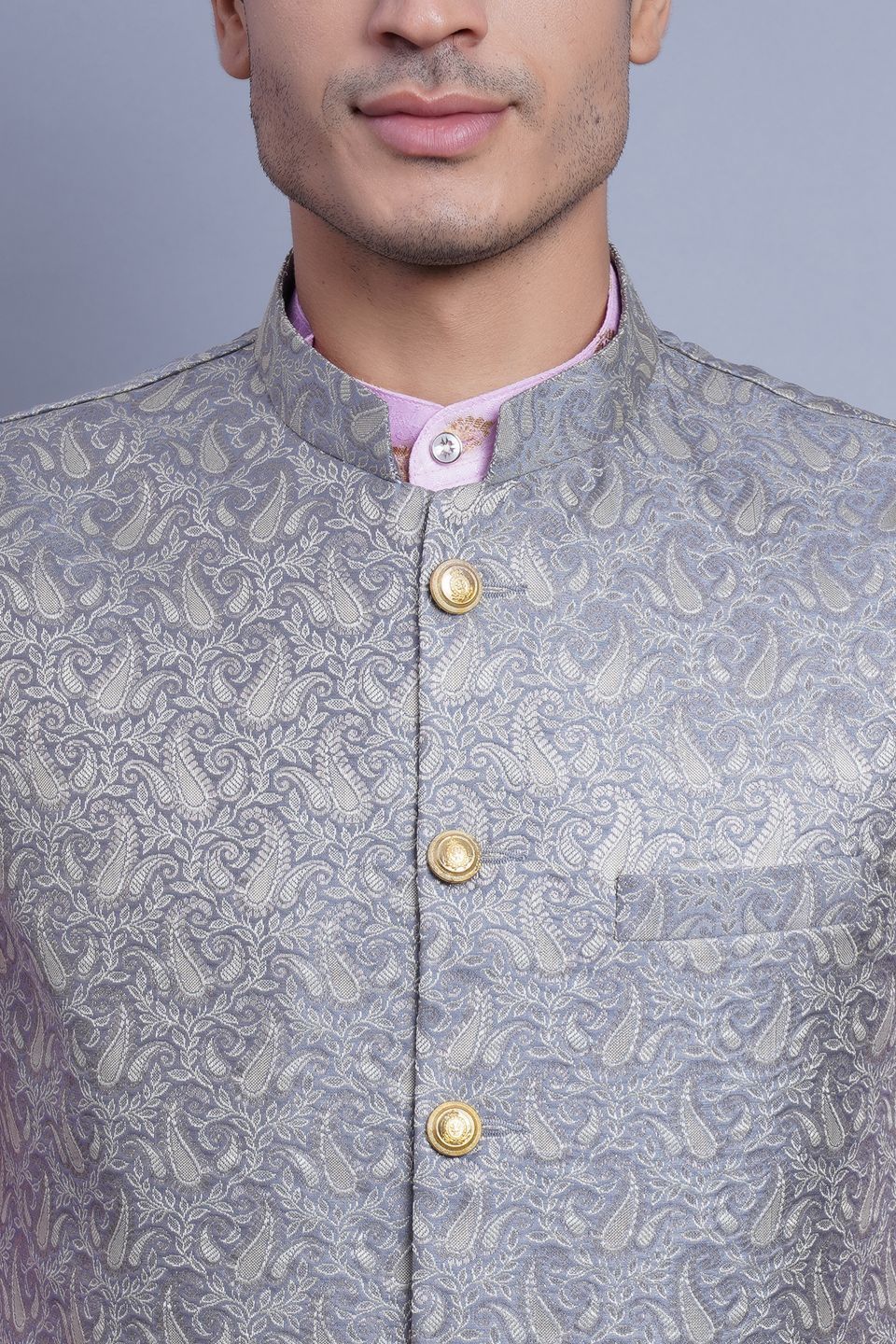 WINTAGE Men's Banarasi Rayon Cotton Bandhgala Festive Nehru Modi Jacket Waistcoat : Grey