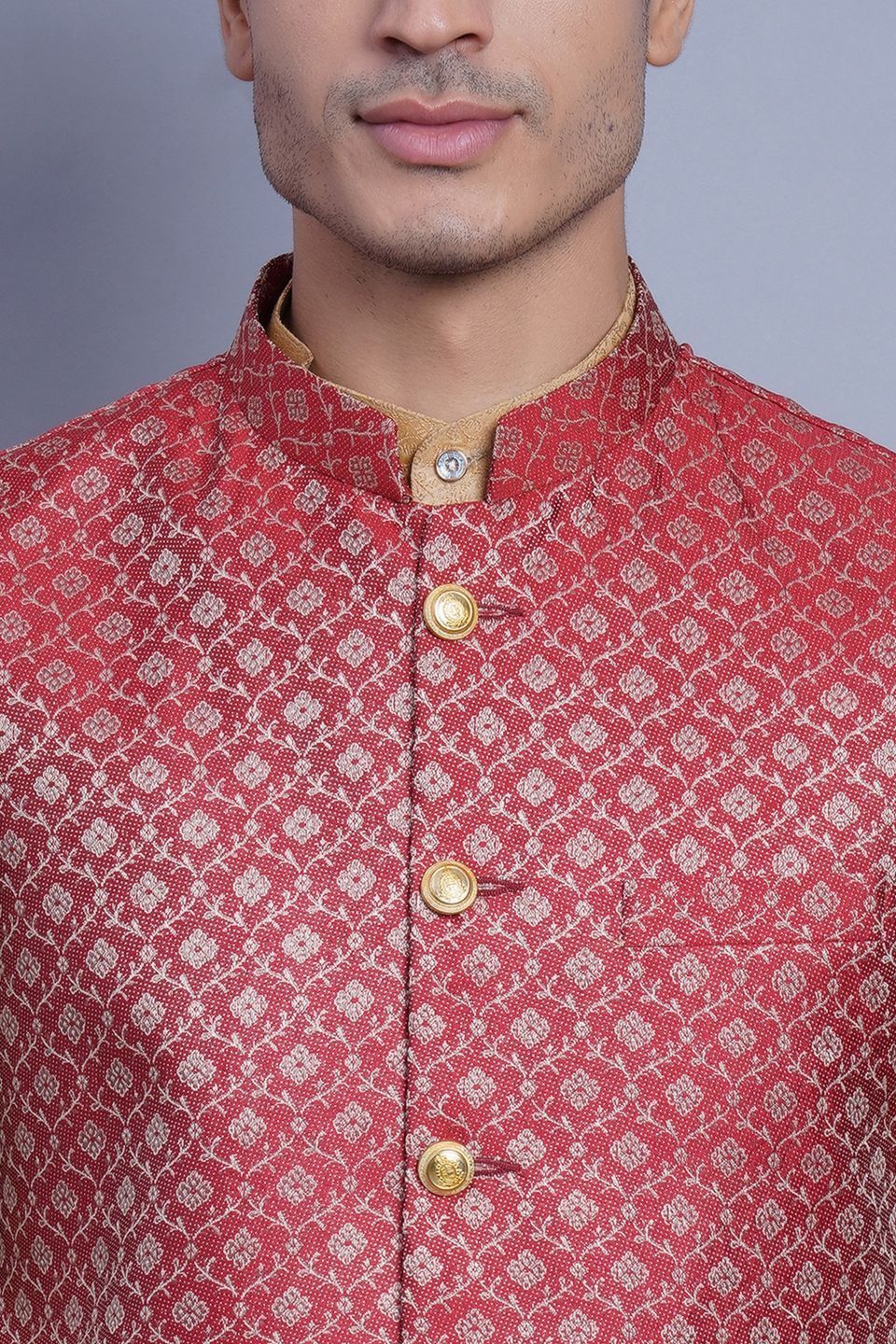 WINTAGE Men's Banarasi Rayon Cotton Bandhgala Festive Nehru Modi Jacket Waistcoat : Red