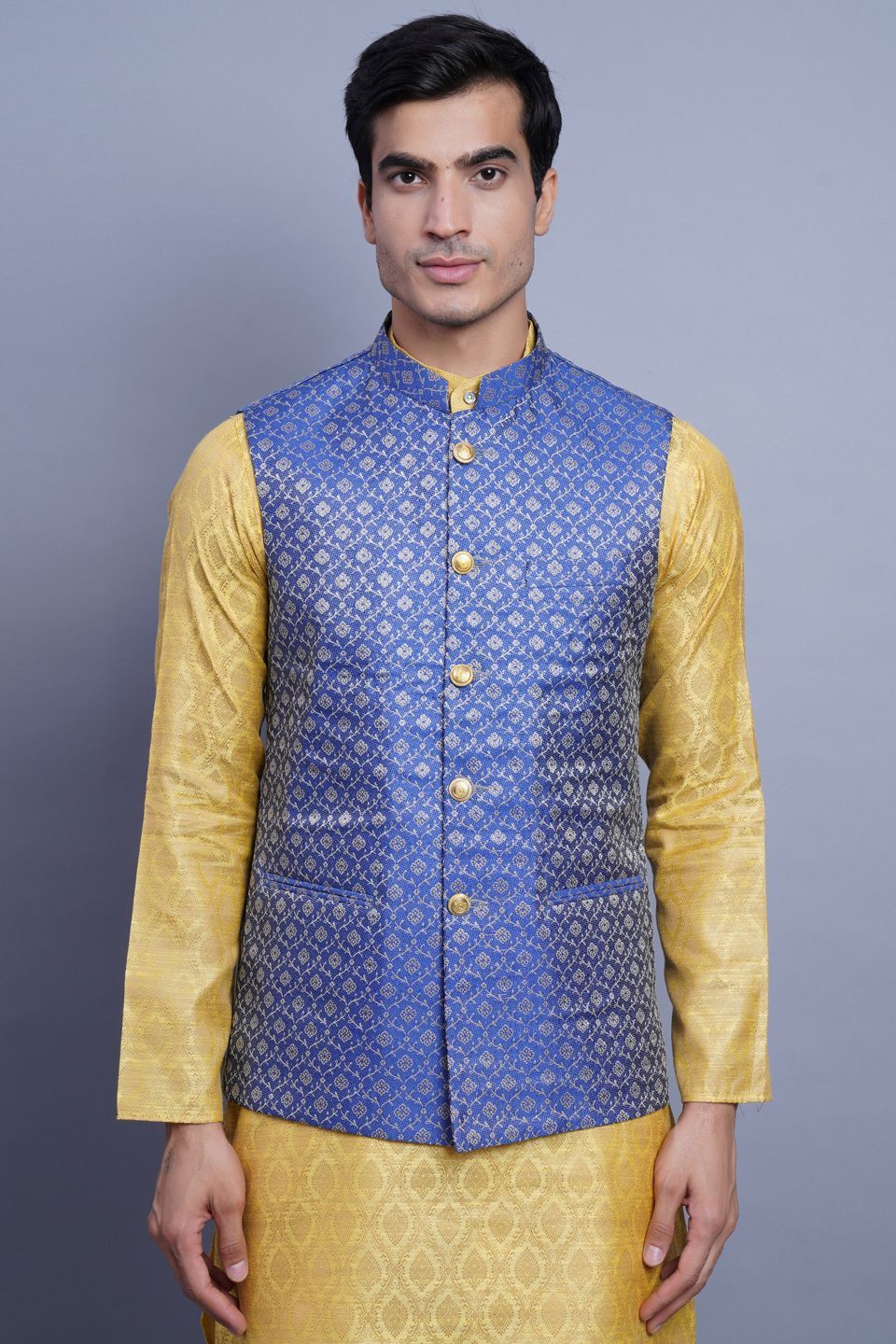 WINTAGE Men's Banarasi Rayon Cotton Bandhgala Festive Nehru Modi Jacket Waistcoat : Blue